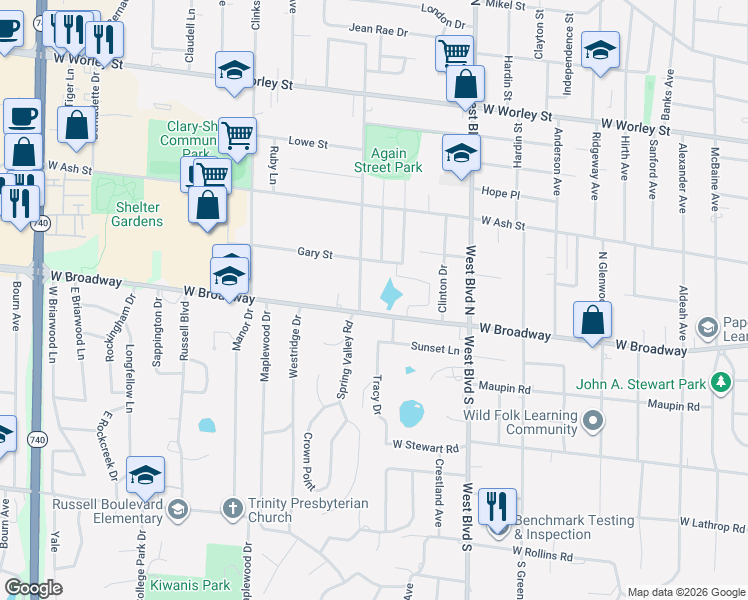 map of restaurants, bars, coffee shops, grocery stores, and more near 1207 West Broadway in Columbia