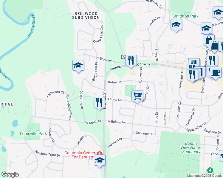 map of restaurants, bars, coffee shops, grocery stores, and more near 200 South Scott Boulevard in Columbia