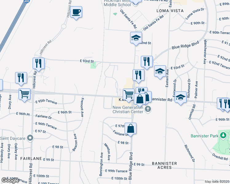 map of restaurants, bars, coffee shops, grocery stores, and more near 9438-9498 Newton Avenue in Kansas City