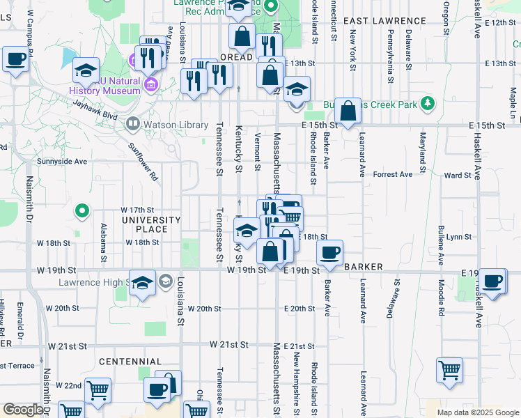 map of restaurants, bars, coffee shops, grocery stores, and more near 1701 Massachusetts Street in Lawrence