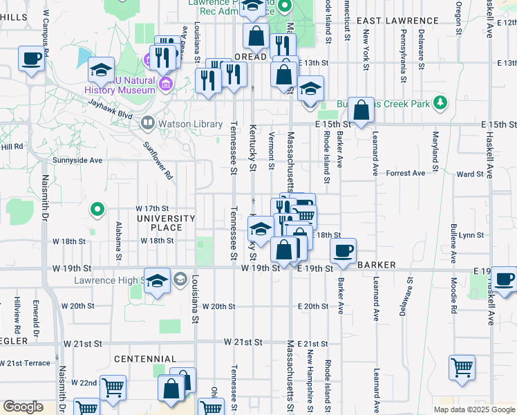 map of restaurants, bars, coffee shops, grocery stores, and more near 1700 Kentucky Street in Lawrence