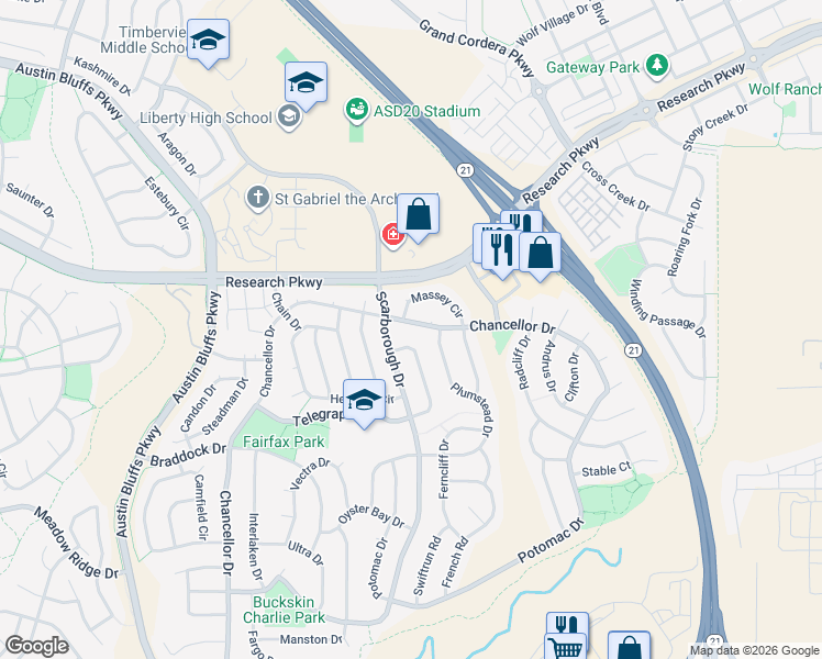 map of restaurants, bars, coffee shops, grocery stores, and more near 8659 Chancellor Drive in Colorado Springs