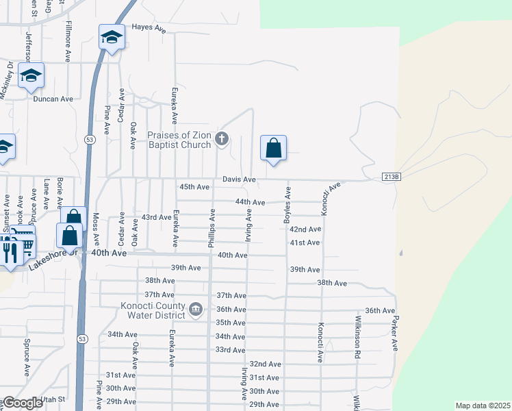 map of restaurants, bars, coffee shops, grocery stores, and more near 16031 44th Avenue in Clearlake