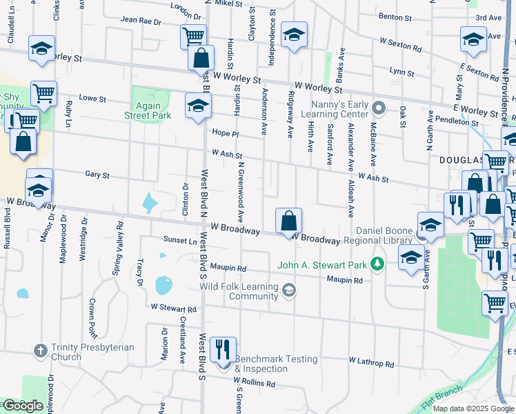 map of restaurants, bars, coffee shops, grocery stores, and more near 17 Anderson Avenue in Columbia