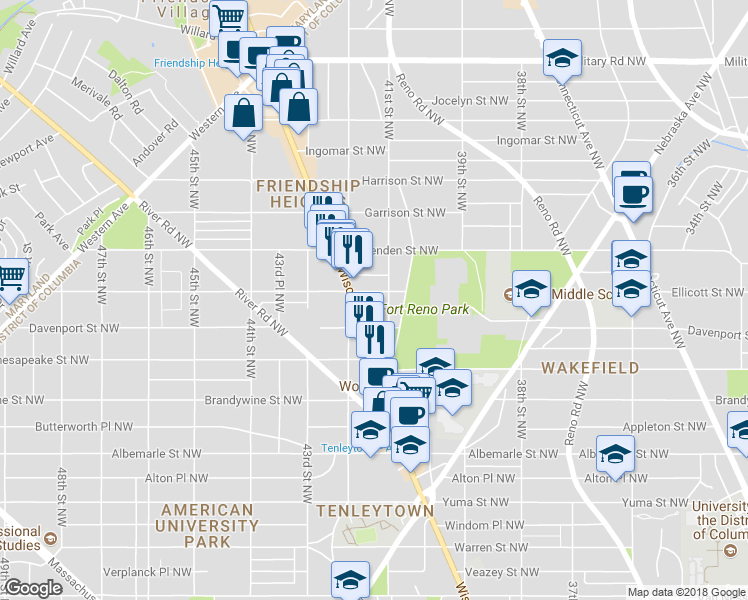 map of restaurants, bars, coffee shops, grocery stores, and more near 4114 Ellicott Street Northwest in Washington