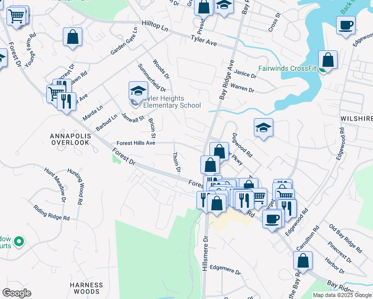 map of restaurants, bars, coffee shops, grocery stores, and more near 935 Forest Hills Avenue in Annapolis