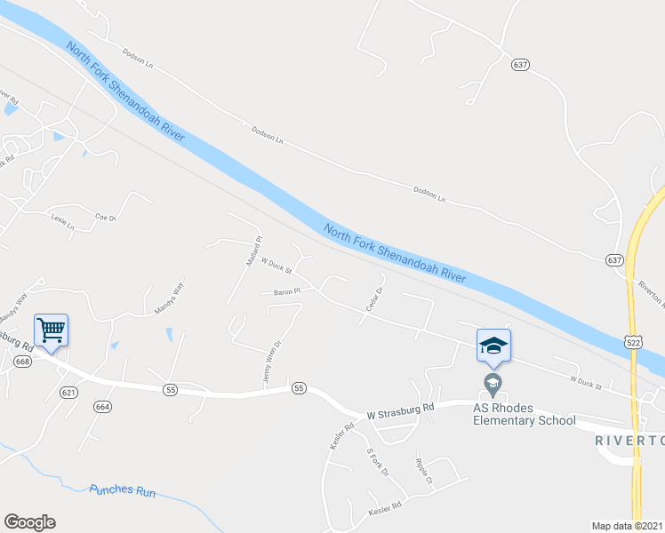 map of restaurants, bars, coffee shops, grocery stores, and more near 1423 River Court in Front Royal