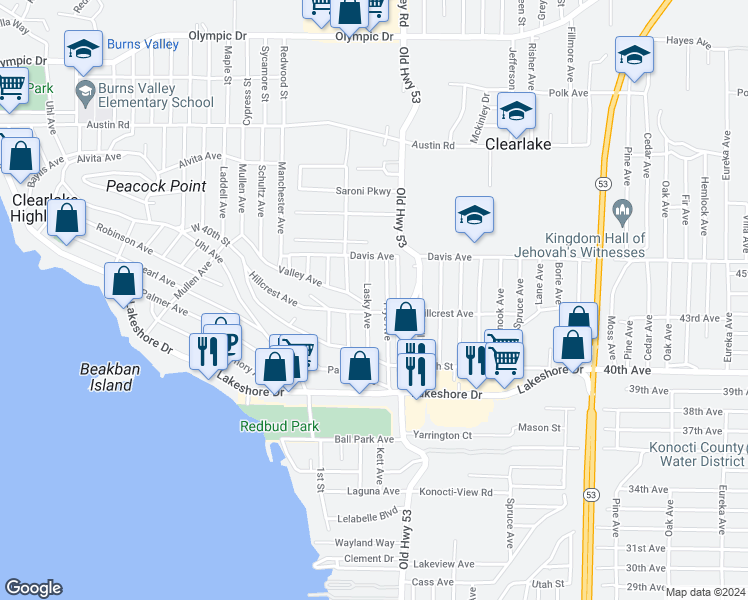 map of restaurants, bars, coffee shops, grocery stores, and more near 4186 Lasky Avenue in Clearlake