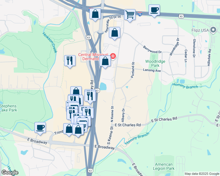 map of restaurants, bars, coffee shops, grocery stores, and more near 109 North Keene Street in Columbia