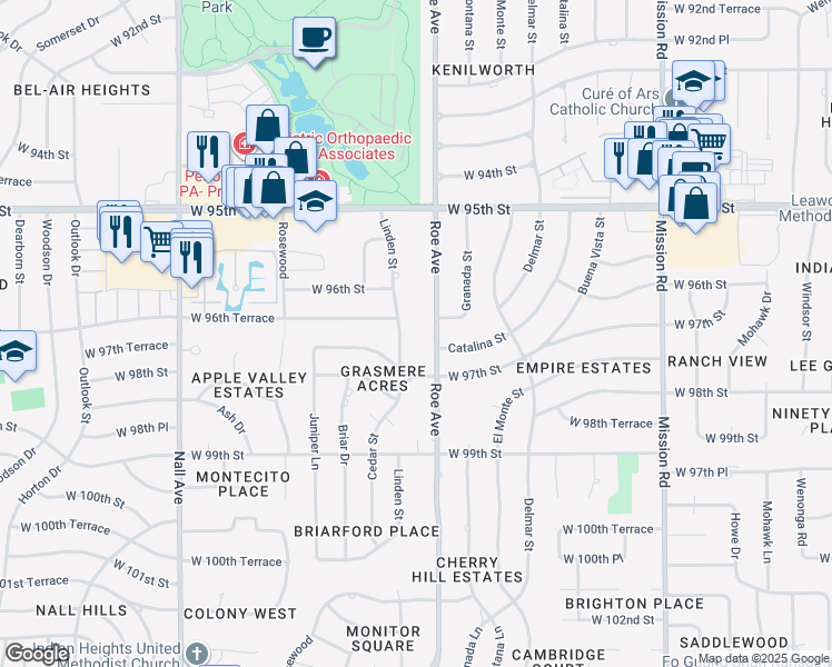 map of restaurants, bars, coffee shops, grocery stores, and more near in Overland Park
