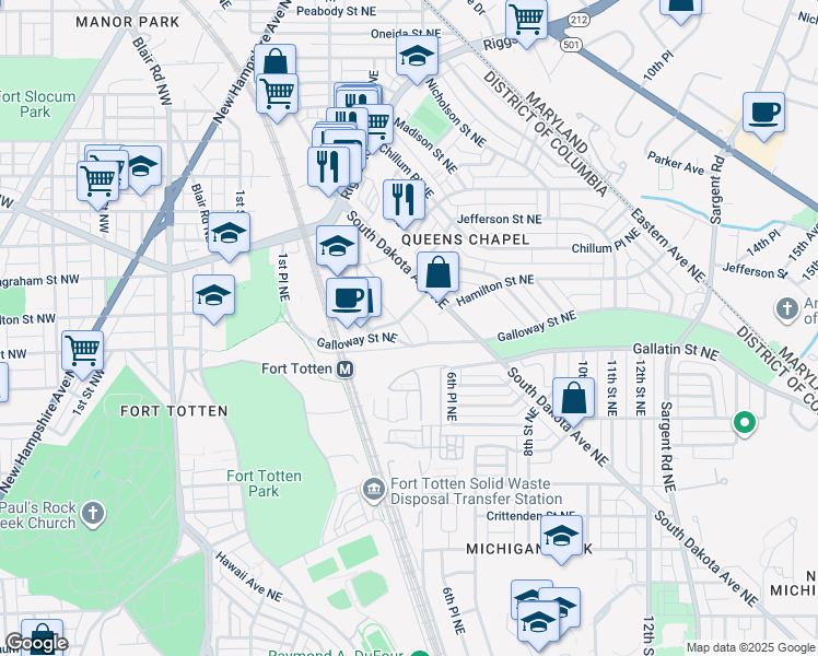 map of restaurants, bars, coffee shops, grocery stores, and more near 5130 4th Street Northeast in Washington