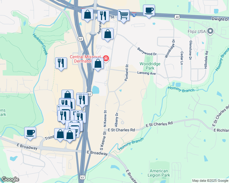 map of restaurants, bars, coffee shops, grocery stores, and more near 301 Portland Street in Columbia