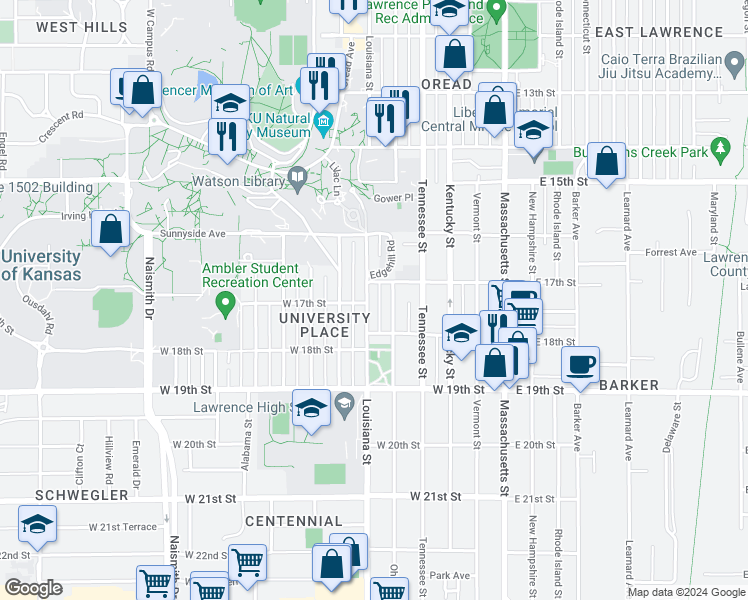 map of restaurants, bars, coffee shops, grocery stores, and more near 1716 Louisiana Street in Lawrence
