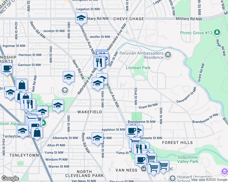 map of restaurants, bars, coffee shops, grocery stores, and more near 4849 Connecticut Avenue Northwest in Washington
