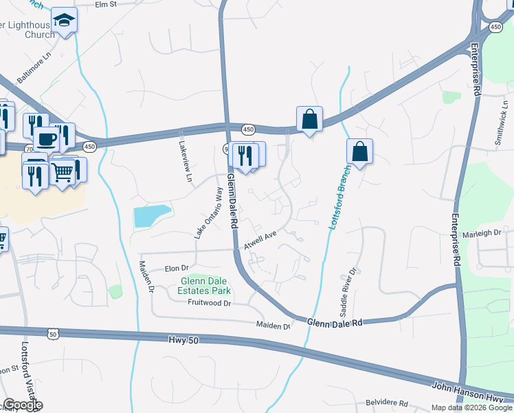 map of restaurants, bars, coffee shops, grocery stores, and more near 11247 Raging Brook Drive in Bowie