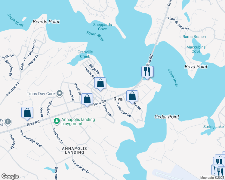 map of restaurants, bars, coffee shops, grocery stores, and more near 8 Shorewalk Road in Riva