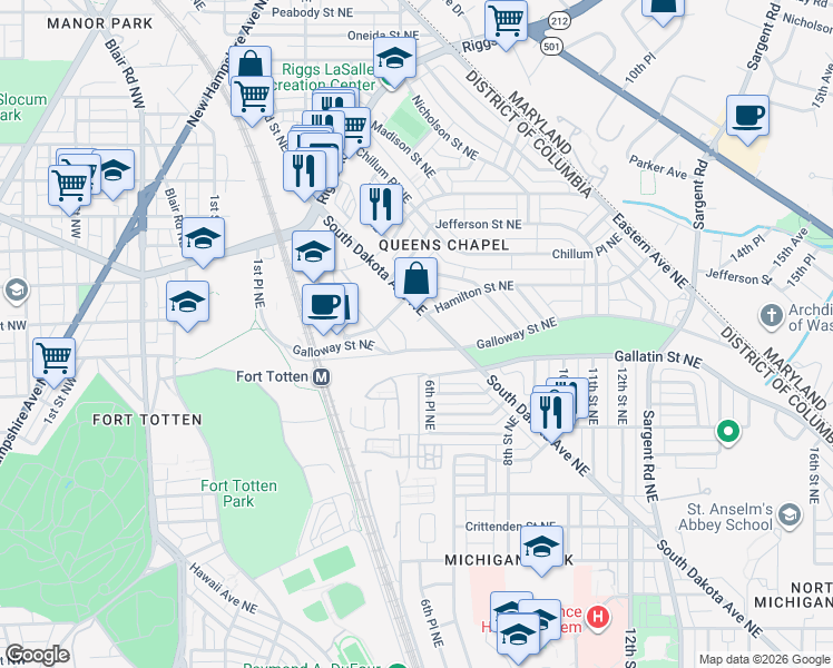 map of restaurants, bars, coffee shops, grocery stores, and more near 400 Galloway Street Northeast in Washington