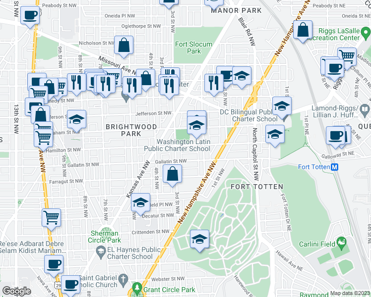 map of restaurants, bars, coffee shops, grocery stores, and more near 240 Hamilton Street Northwest in Washington