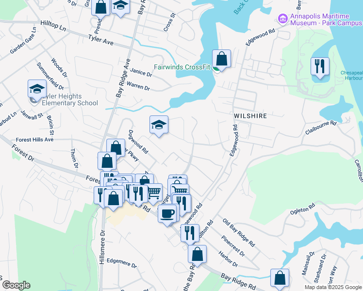 map of restaurants, bars, coffee shops, grocery stores, and more near 12 Fairhope Court in Annapolis