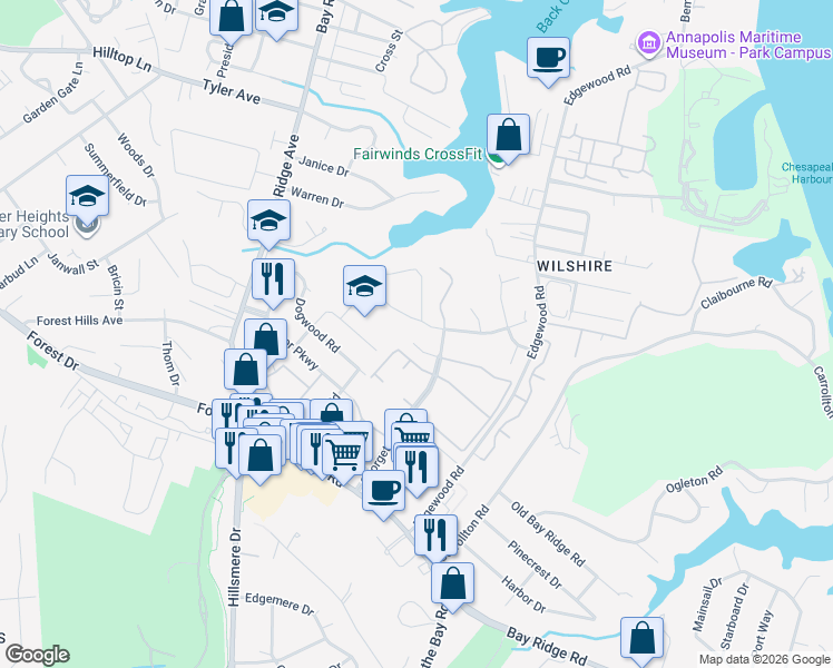 map of restaurants, bars, coffee shops, grocery stores, and more near 12 Fairhope Court in Annapolis