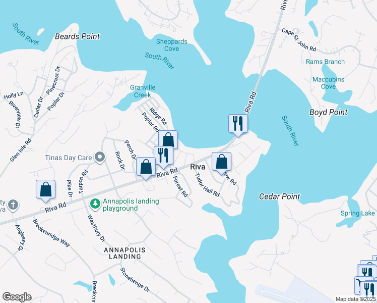 map of restaurants, bars, coffee shops, grocery stores, and more near 8 Shorewalk Road in Riva