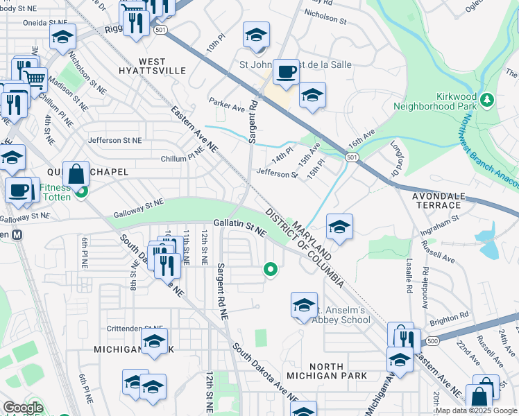map of restaurants, bars, coffee shops, grocery stores, and more near 1328 Galloway Street Northeast in Washington