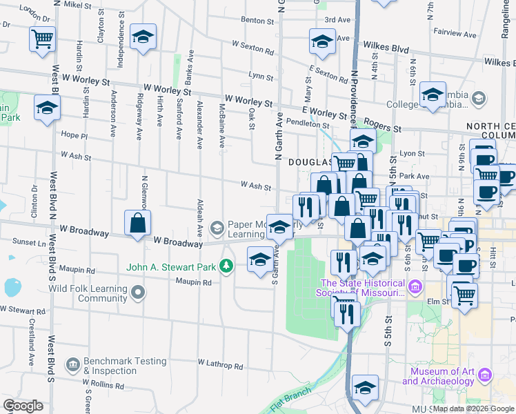 map of restaurants, bars, coffee shops, grocery stores, and more near 105 North Garth Avenue in Columbia