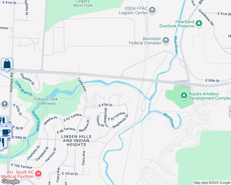 map of restaurants, bars, coffee shops, grocery stores, and more near 1846 East 97th Street in Kansas City