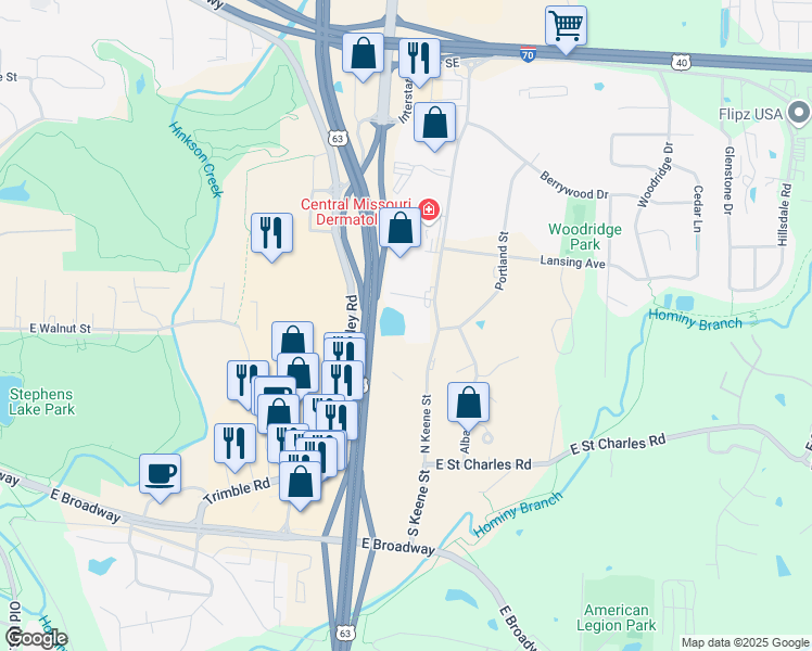 map of restaurants, bars, coffee shops, grocery stores, and more near 3102 Keene Court in Columbia