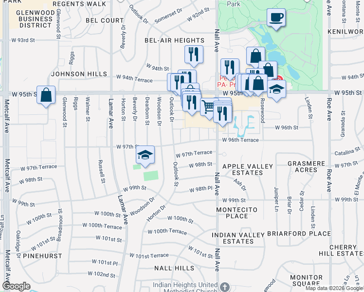 map of restaurants, bars, coffee shops, grocery stores, and more near 5700 West 97th Street in Overland Park