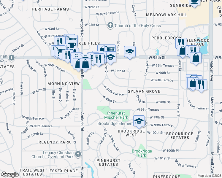 map of restaurants, bars, coffee shops, grocery stores, and more near 8215 West 97th Street in Overland Park