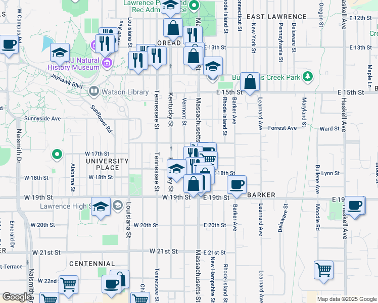 map of restaurants, bars, coffee shops, grocery stores, and more near 1701 Massachusetts Street in Lawrence