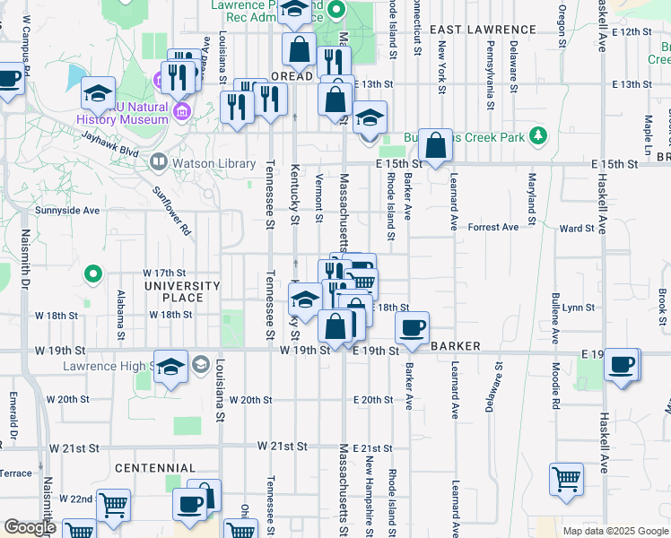 map of restaurants, bars, coffee shops, grocery stores, and more near 1701 Massachusetts Street in Lawrence
