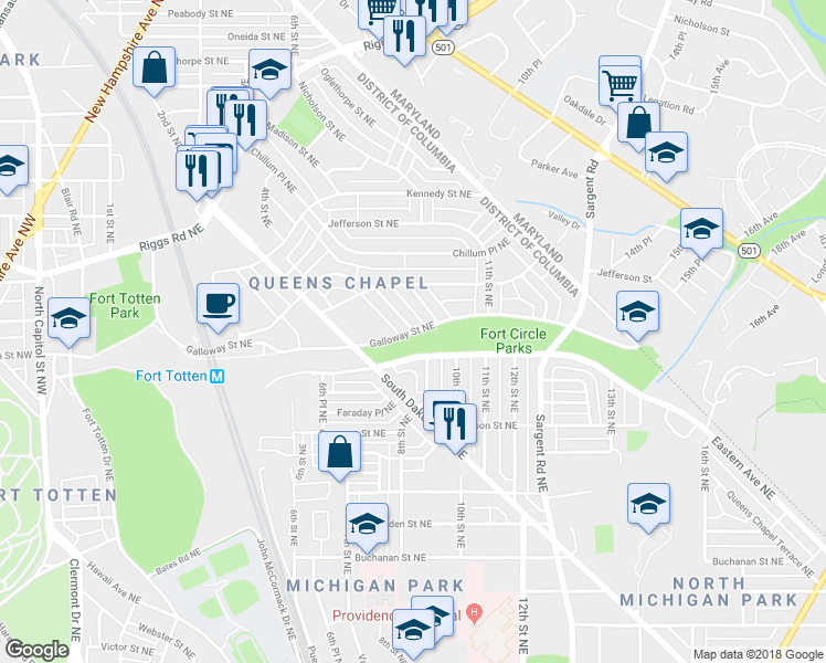 map of restaurants, bars, coffee shops, grocery stores, and more near 3232 7th Street Northeast in Washington