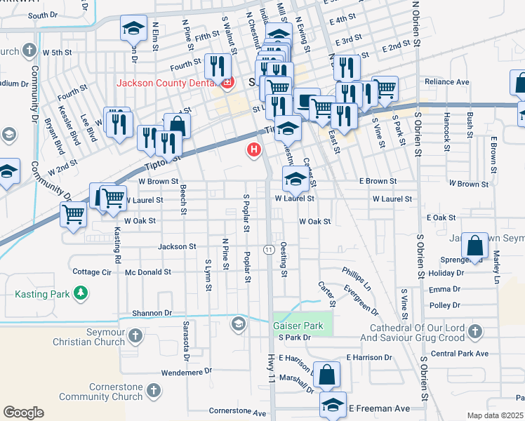 map of restaurants, bars, coffee shops, grocery stores, and more near 514 South Walnut Street in Seymour