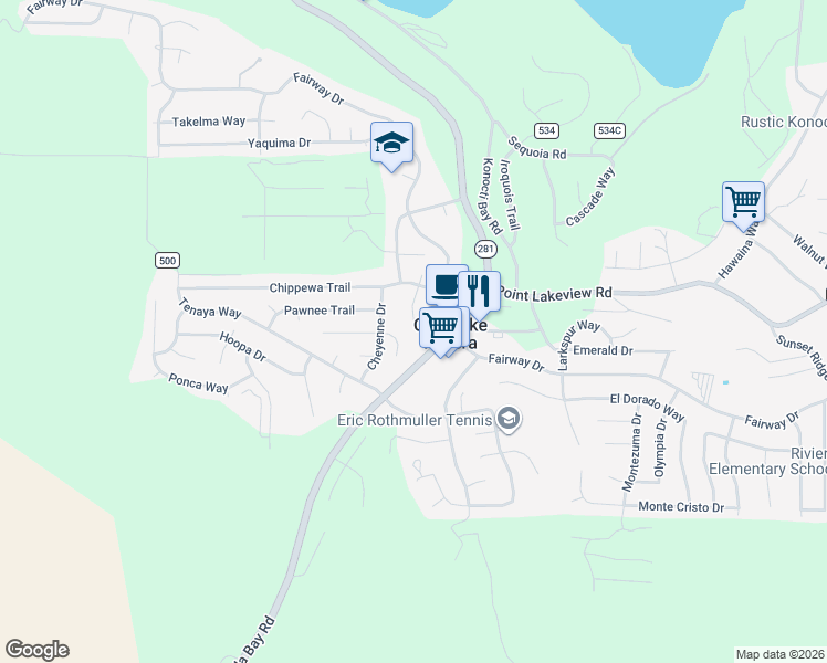 map of restaurants, bars, coffee shops, grocery stores, and more near 5337 Tewa Court in Kelseyville