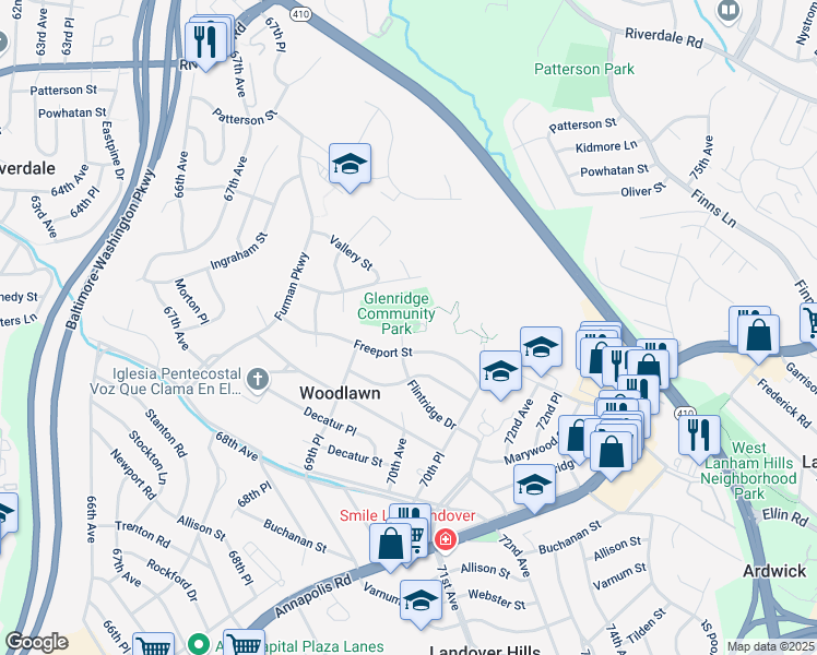 map of restaurants, bars, coffee shops, grocery stores, and more near 5211 Flintridge Drive in Hyattsville