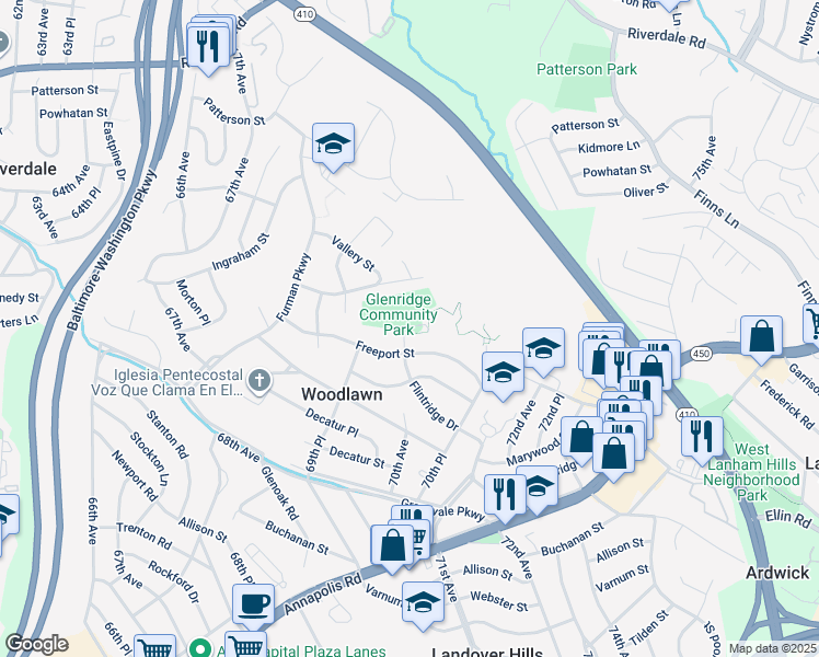 map of restaurants, bars, coffee shops, grocery stores, and more near 5211 Flintridge Drive in Hyattsville