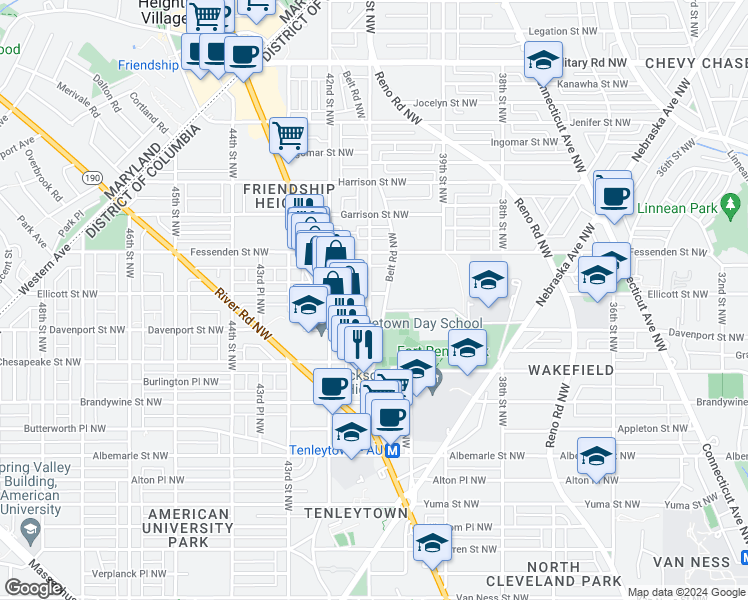 map of restaurants, bars, coffee shops, grocery stores, and more near 4829 41st Street Northwest in Washington