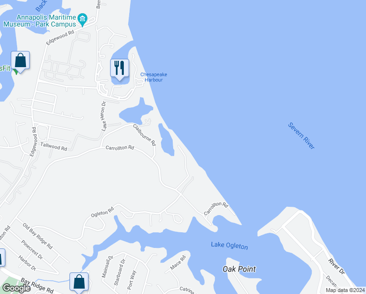map of restaurants, bars, coffee shops, grocery stores, and more near 2508 Lyon Drive in Annapolis