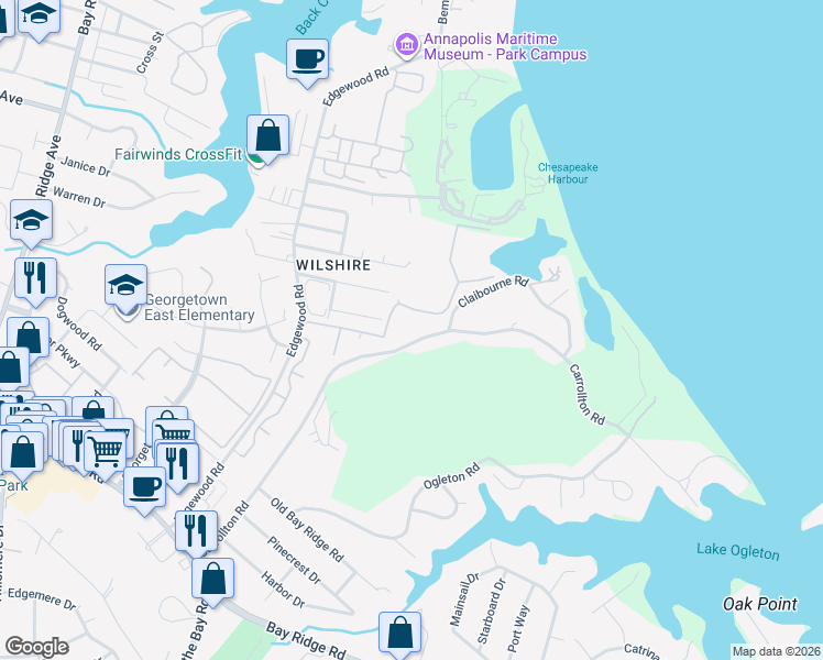 map of restaurants, bars, coffee shops, grocery stores, and more near 1052 Eaglewood Road in Annapolis