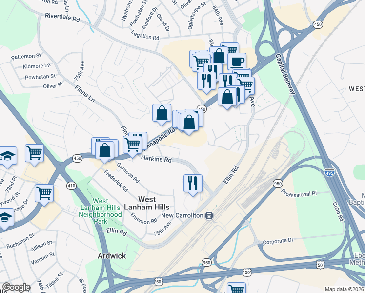 map of restaurants, bars, coffee shops, grocery stores, and more near 7730 Harkins Road in Lanham
