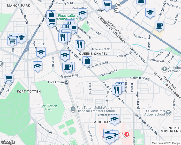 map of restaurants, bars, coffee shops, grocery stores, and more near 101 Independence Avenue Southeast in Washington