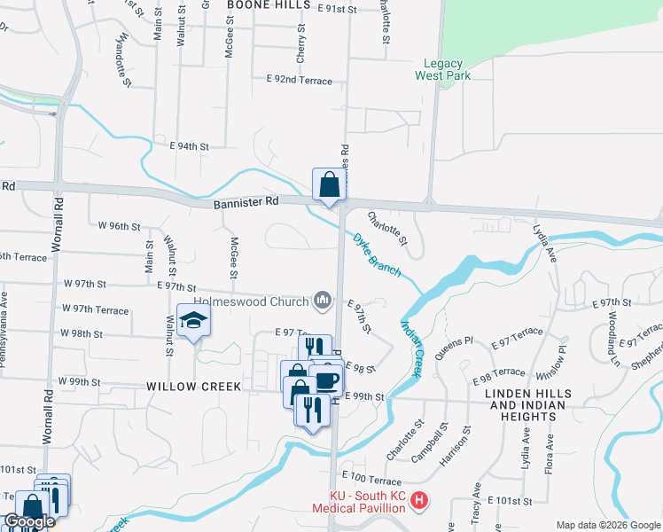 map of restaurants, bars, coffee shops, grocery stores, and more near 9600 Holmes Road in Kansas City