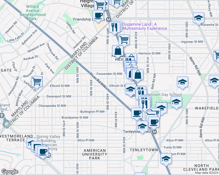 map of restaurants, bars, coffee shops, grocery stores, and more near 4348 Ellicott Street Northwest in Washington