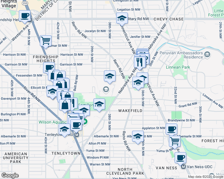 map of restaurants, bars, coffee shops, grocery stores, and more near 4820 Howard Street Northwest in Washington