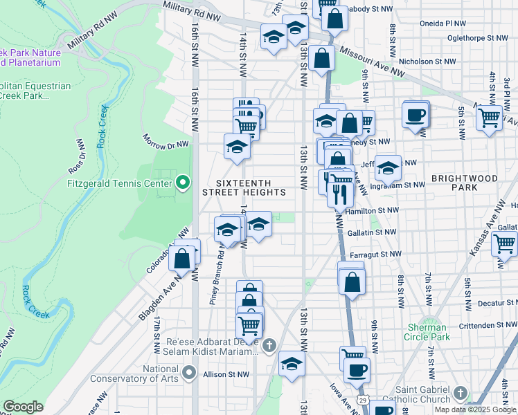 map of restaurants, bars, coffee shops, grocery stores, and more near 1367 Hamilton Street Northwest in Washington