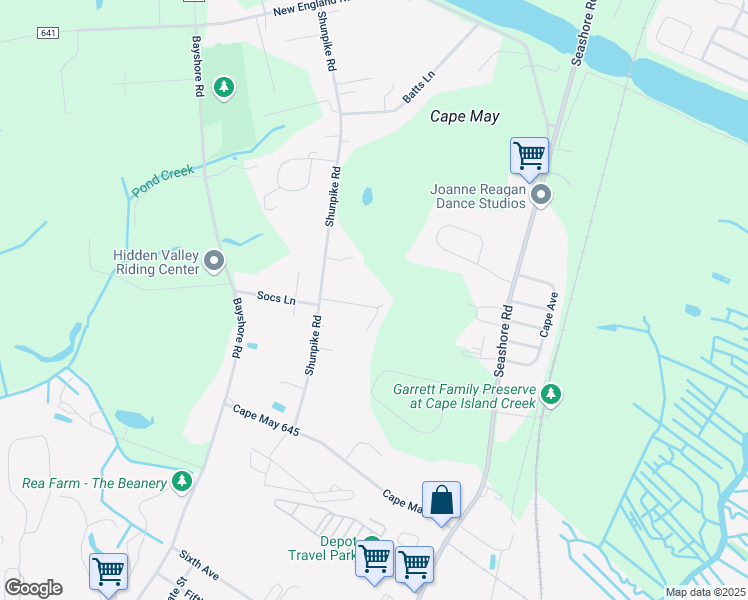 map of restaurants, bars, coffee shops, grocery stores, and more near 719 San Fernando Road in Cape May