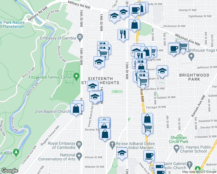 map of restaurants, bars, coffee shops, grocery stores, and more near 1367 Hamilton Street Northwest in Washington