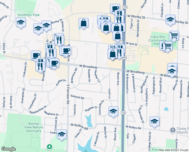 map of restaurants, bars, coffee shops, grocery stores, and more near 101 Heather Lane in Columbia